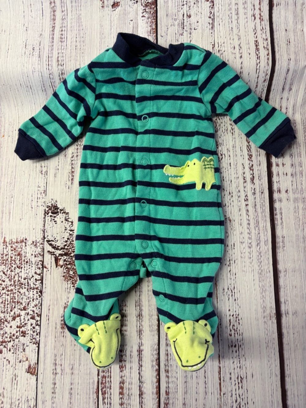 Striped Green & Navy Alligator Footed One-Piece for baby
